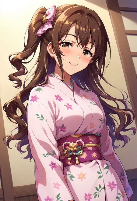 score_9,score_8_up,score_7_up,score_6_up, 
1girl, solo, young woman, slim, dynamic angle, dynamic sexy pose,
cowboy shot, smile, blush, half closed eyes,
smmruzk, long hair, brown hair, wavy hair, one side up, hair bow, brown eyes, medium breasts, 
pink detailed pattern kimono,
takeda hiromitsu style,