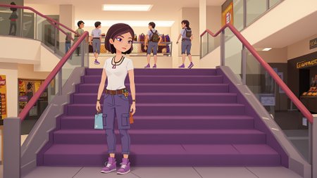 high resolution,ultra quality,perfect eyes,hd,<lora:6teen_NikkiWong:0.8>,nikki wong,piercing,necklace,full body,indoors,escalator,stores,gray cargo pants,belt,sneakers,light purple footwear,inside,in a shopping mall,
