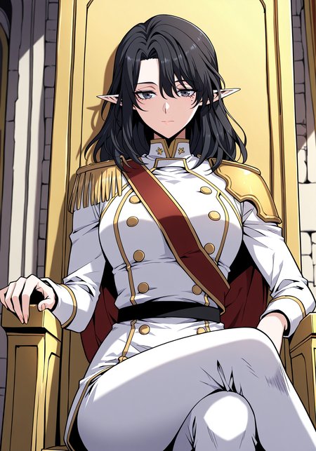 <lora:Aya_Grephin__The_Beginning_After_the_End__Illustrious:1>
1 girl, solo, female elf, medium length black hair, pointed ears, mole under left eye, black eyes, 
white military uniform with gold trim, gold shoulder pads, red sash, high collar, double-breasted buttons, golden epaulettes, detailed uniform folds, white pants, 
(Anime_source),Masterpiece,(perfect female body:1.2), small waist,(incredibly detailed:1.4), slim, looking at viewer, sitting on throne, crossed legs, castle room background