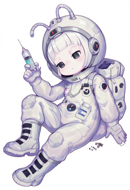 lazypos, girl focus, 1girl, antennae, solo, blunt bangs, white background, white hair, space helmet, black eyes, boots, syringe, short hair, pill, holding, simple background