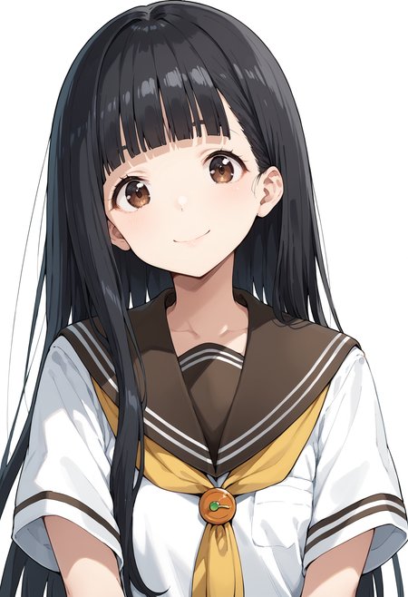 score_9, score_8_up, score_7_up, source_anime, BREAK 1girl, solo, looking at viewer, simple background, upper body, front view, kaju nukumizu, long hair, black hair, blunt bangs, brown eyes, :0, curious, smile, school uniform, serafuku, short sleeves, white shirt, yellow neckerchief, 
<lora:kaju_nukumizu_anime-soralz:0.9>