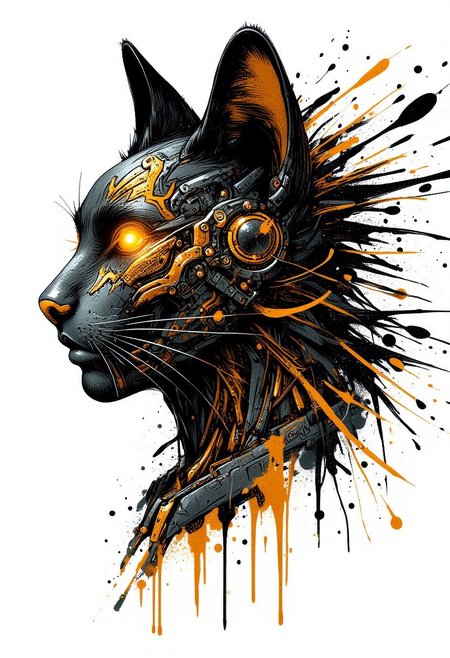 A HEAD OF A CAT, side view, mythp0rt, mad-cbrpnksplshrt, paint splashes, gold and black