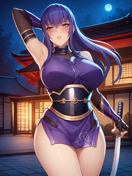 score_9, score_8_up, score_7_up, score_6_up, score_5_up, vivid, sidelighting, volumetric lighting, cinematic, 5 fingers, 
Yukishiro Misao, 1girl, cowboy shot, holding sword, katana, planted sword, arm behind head,
looking at viewer, blush, kubrick stare, parted lips, 
long hair, purple hair, blue hair, blue eyes,
ninja, black armor, purple dress, short dress, elbow gloves, fingerless gloves, fishnet gloves, vambraces,
curvy, large breasts, 
outdoors, night, east asian architecture, on rooftop, 
 <lora:Yukishiro Misao3216PDXL:1>