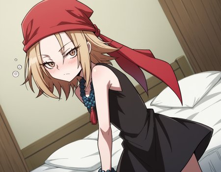 score_9, score_8_up, score_7_up, source_anime,
annakyouyama, <lora:anna-kyouyama-2021-s1-ponyxl-lora-nochekaiser:1>,
anna kyouyama, blonde hair, short hair, brown eyes,
bandana, beads, black dress, dress, prayer beads,
indoors, bed, bed room, on side, blush, drunk,
looking at viewer, cowboy shot, solo, dutch angle