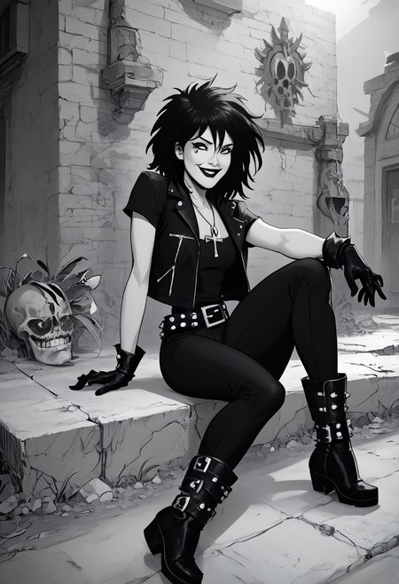 dsk_death, 1girl,  solo, jewelry, gloves, , boots, sitting, makeup, short hair, smile, lipstick, black hair, gothic, jewelry, necklace, ankh necklace, nail polish, leather jacket, black shirt, vest, short sleeves, tattoo, gloves, pants, lipstick, belt, spiked hair, black boots, comic art style, death_of_the_endless\(sandman\), greyscale, monochrome, cinematic angle, cinematic lighting, BREAK zPDXL2 PonyXLV6_Scores