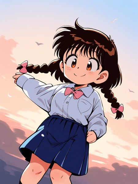 score_9, score_8_up, score_7_up, source_anime, rating_explicit, BREAK <lora:Shinba_Kurumi_XL:0.9>Shinba_Kurumi, brown hair, brown eyes, twin braids, hair bow, pink bow, short hair, short stack, 
long sleeve, skirt, smile,
skyã