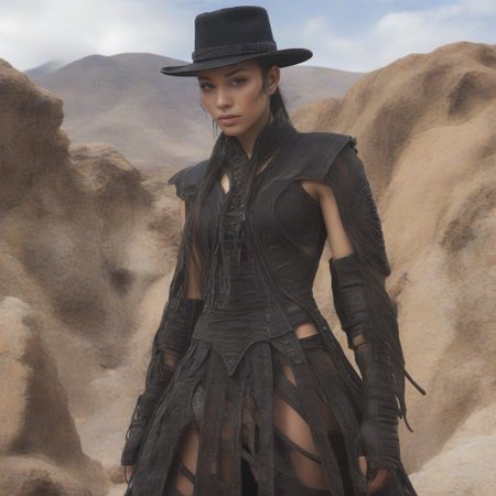 ((masterpiece, best quality, highly detailed)), cowboy shot, an asian woman, stunning looks, demobaza, demobaza, The Hateful Eight film style, ((tall hat:1.3)), ((holstered guns, (((holding guns))), six shooter in each hand, pointing at viewer, rifle in both hands:1.5)), (wearing western gunfighter clothes, shirt, pants, black boots,) in  wild western town, desert background, lantern lights, short hair, brown eyes, demobaza, indian style, wild western