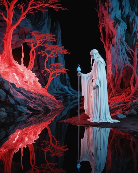 evil sorcerer, albino, water, reflections, transparency, vibrant intense color, neon, glowing light, crimson, The Valley of the Lost, Kay Nielsen, neon, realistic photo, <lora:add-detail-xl:1>, <lora:xl_more_art-full_v1:0.8>