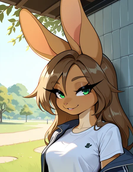 masterpiece, best quality, very aesthetic, absurdres,
outdoors, 
upper body, 
t-shirt, jacket, 
seductive smile, parted lips, long eyelashes,
 <lora:Aubrey_Sky_v01_NAIXL:1>
4ubr3y5ky,1girl,solo,furry,furry female,rabbit girl,long hair,brown hair,rabbit ears,green eyes,animal nose,body fur,brown fur,