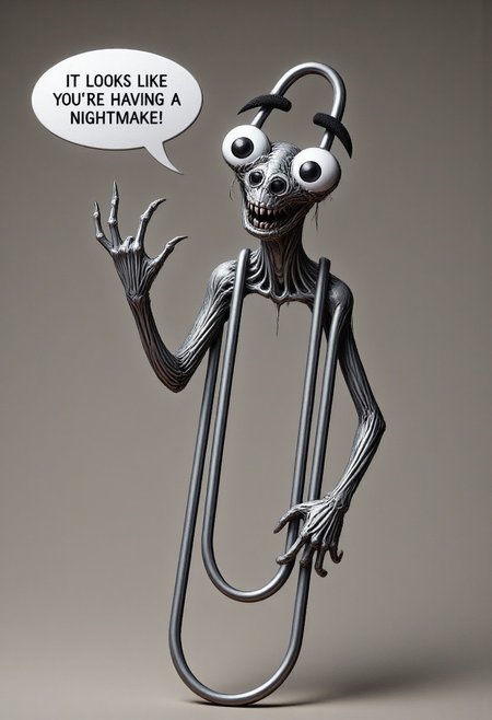 full body photography of horrifying monster clippy with a speech bubble saying "it looks like you're having a nightmare!"