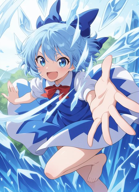 absurdres, highres, masterpiece, best quality, amazing quality, official anime artwork, screencap, anime screencap, outdoors, looking at viewer, open mouth, smile, wind, ice, danmaku, dynamic pose, 
 <lora:Cirno_Illustrious:1> cirno, 1girl, solo, blue eyes, blue hair, short hair, ice wings, ice,, bow, hair bow, dress, blue dress, short sleeves, blue bow, puffy sleeves, red ribbon,