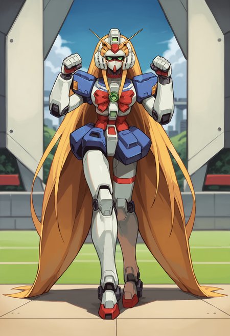 score_9, score_8_up, score_8, source_anime,  <lora:NobelGundamF:0.85> solo, robot, mecha, green eyes, no humans, long hair, very long hair, blonde hair, v-fin, bow, red bow, looking at viewer, full body, paw pose, 
(grasslands background), blurry background,