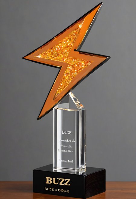 buzz, A big orange lightning made of crystal mounted on a wooden trophee, there is a gold plate on it that reads "BUZZ", black and grey background,