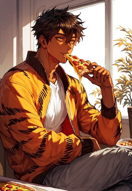 score_9, score_8_up, score_7_up, anime, best quality, 1male, short hair, black hair, brown hair, hair between eyes, golden eyes, bright eyes, brown skin, handsome, brown eyelashes, long eyelashes, Roman nose, toned,
,
, 
dynamic pose, character design, calm look, calm,
,
,
cowboy shot, indoors, restaurant, sitting, pizza, eating pizza, joy, happy, cheese strings, open jacket, jacket, loose-fitting T-shirt, gray pants, tiger stripes,
