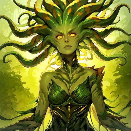 <lora:Vraska_Magic_the_Gathering:1> vraska, solo, 1girl, colored skin, monster girl, yellow eyes, green skin, glowing, plantdress, breasts, snake hair  <lora:RD-MAnon-XLV1.1:1> female, source_anime, score_9_up,  score_7_up, score_8_up