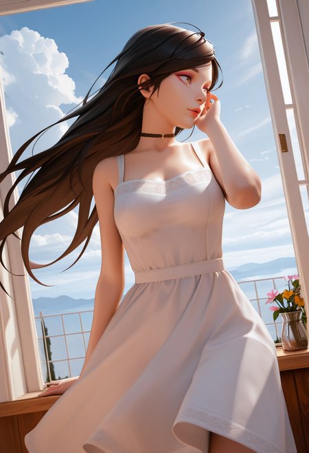 masterpiece, best quality, intricate details, detailed background, beautiful detailed, beautiful face, detailed eyes, detailed face, new, newest, ub3rstyl3, 1girl, solo, sundress, long hair, choker, makeup, cowboy shot, looking away, sky, cloudy, adjusting hair, day, window, medium breasts, smile, dutch angle, wind,