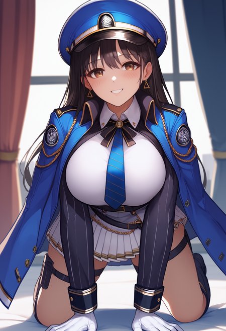 score_9, score_8_up, score_7_up, source_anime BREAK 1girl, solo, <lora:diesel-nikke-richy-v1_pdxl:1> dsldef, brown eyes, black hair, long hair, bangs, large breasts, peaked cap, earrings blue coat, coat on shoulders, military uniform, black jacket, white shirt, collared shirt, blue necktie, pleated skirt, white skirt, belt, white gloves, thigh strap, knee boots, kneeling, all fours, smile, blush, looking at viewer, indoors