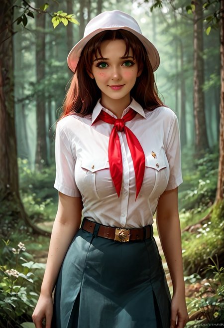 score_9, score_8_up, score_7_up, 
forest, outdoors,
1girl, solo, olga dmitrievna,
long hair, brown hair, green eyes, looking at viewer, big breasts, shirt, red tie, hat, belt, skirt,
smile, shy, blushing