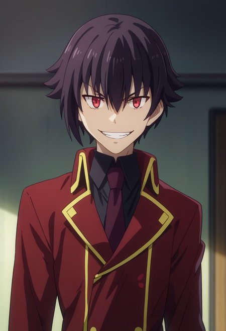 score_9, score_7_up, source_anime 
gekkou, 1boy, male focus, solo, red eyes, black hair, hair between eyes, school uniform, shirt, black shirt, collared shirt, necktie, red necktie, coat, red coat, high collar, double-breasted, evil grin
outdoor,