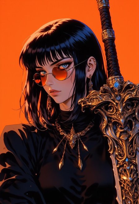 The woman has shoulder-length dark brown hair with straight bangs. Her hair is sleek, and she has a subtle light highlight at the back.
She wears round, reflective sunglasses that have a slightly tinted orange hue, which match the background color.
The woman is dressed in a dark, possibly black outfit, which gives 
She is accessorized with a large, intricate earring featuring ornamental details and chains. 
She also wears a black choker with metallic elements, enhancing the overall rebellious 
She holds a detailed, ornate sword in her right hand, which appears to have a gold or brass guard with intricate carvings. Chains dangle from the sword, adding a touch of elegance and uniqueness
The background is a bold, solid orange color, creating a striking contrast with her dark outfit and emphasizing the character