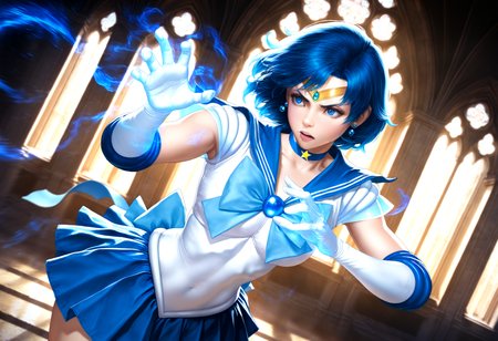 teenage Sailor Mercury with a volumetric watery blue magic concentrated on her hand, girl is attacking in wizarding pose, highly detailed blue pearly clothes are teasingly torn, aesthetic, ethereal mythical liquid magic spiralizing around, short blue hair, strong wind , dynamic angle, dynamic depth of field, masterpiece, best quality, intricate details, detailed background, epic movie still, cathedral,
source photo, 
extra sharp image,
8k,   ultra detailed, realistic, highly detailed, hyper detailed,
 masterpiece, best quality, good quality,  (artgerm:0.8),
<lora:illustriousXL_stabilizer_v1.23:0.25>    <lora:spo_sdxl_10ep_4k-data_lora_webui:0.8>  <lora:sd_xl_dpo_lora_v1:1.2>
