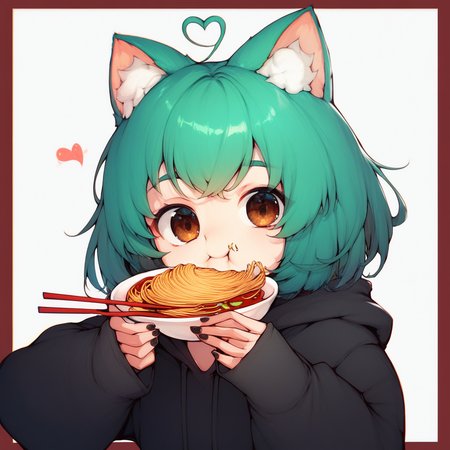 1girl, score_9, score_8_up, score_7_up, score_6_up,   Girl-DM, 1girl,  solo, looking at viewer, short hair, simple background, long sleeves, white background, holding, animal ears, brown eyes, upper body, ahoge, heart, food, green hair, virtual youtuber, hood, cat ears, nail polish, animal ear fluff, hoodie, border, eating, black nails, chopsticks, black hoodie, holding chopsticks, heart ahoge, noodles, red border, general