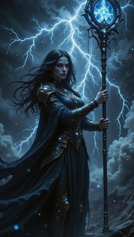 pinkdarkfantasy,
A woman with wind-tossed black hair, wearing black leather armor with silver trim, summoning a thunderstorm with a staff crackling with blue lightning, rain and dark clouds swirling around her.