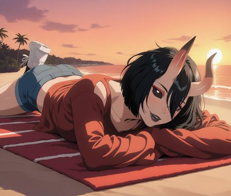 LDSCH Style, aesthetic, (masterpiece, newest, 2024, absurdres, very awa, intricate details:1.4) looking at viewer, cute, detailed hair, absurdres, masterpiece, very aesthetic, red theme, sunset, golden hour, clouds, tropical tree, vegetation, rocks beach, sand, ocean, ocean waves, water,  lens flare, , beach, laying on back on a red towel, wet, lying down, towel, smile, 1girl, black hair, short hair, bob cut, bangs, hair between eyes, hair over one eye, asymmetrical horns, oni horns, skin-covered horns, black eyes, black sclera, sclera, closed mouth, mole, mole under mouth, black lips, lipstick, makeup, white loose shirt, blue denim shorts, white sneakers, <lora:Fortnite_-__The_Night_Rose_ILXL_-_All_Outfits:0.9> <lora:LDSCH:0.8>