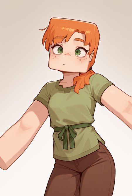 <lora:alexmc-05:1> alexmc, orange hair, 1girl, solo, green eyes, long green shirt, brown pants, short sleeves, freckles, square arms, square body, green waist ribbon, dynamic pose,, masterpiece, best quality, amazing quality, very aesthetic, absurdres, newest,