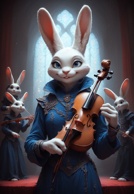 FF Realistic Portrait, kftenhance, Score_9, Score_8, Score_7,  1girl, rabbit, furry, white fur, rabbit ears, musician, dark blue outfit,  playing violin,  smiling, mansion interior  