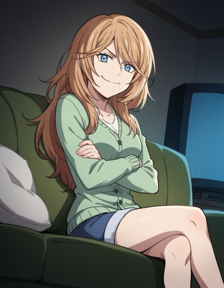 score_9, score_8_up, score_7_up, source_anime, <lora:kyouko-kouda-s2-ponyxl-lora-nochekaiser:1>, kyouko kouda, long hair, blue eyes, brown hair, medium breasts,, cardgian, green cardigan, shorts,, living room, television, couch, popcorn, watching movie, night time, sitting,, , looking at viewer, crossed arms, smug, solo,, dutch angle,