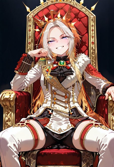score_9,score_8_up,score_7_up,source_anime,anime coloring,   , masterpiece,best quality,amazing quality,1girl,solo,
Throne, jewels, crown, gold, sitting on the throne,grin,
Orfevre\(umamusume\),horse tail,UMAKH,(horse ears),
