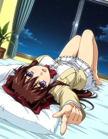 (1girl, solo:1.3), (2girls, 3girls, 4girls, multiple girls, 2boys, 3boys, 4boys, multiple boys:-1.5) <lora:Kuonji_Ningyo_Kojin_Jyugyou_-_Mippei_Suisou_Illustrious:0.9>, kuonji_ningyo, large breasts, blue eyes, brown hair, long hair, hair intakes, bangs, hair between eyes, long sidelocks, hair bow, hair ribbon, blazer, red bow, open mouth, open clothes, school uniform, shirt, purple eyes, large breasts, long sleeves shy, open eyes, general, contrapposto, dynamic pose, pointing at viewer, portrait, from behind, from below, dutch angle, , indoors, infirmary, clean, (white theme:1.3), bed sheet, pillow, head on pillow, on bed, lying, on back, wide window, outdoor view, curtains, plant, potted plant, (perspective:0.7), barefoot, <lora:NOOB_EPSv1_1_detailer_by_vlnvk_v1_0:1.5>, (photo background:0.7), night, (tachibana yuu:0.6), inue shinsuke, (kazuma muramasa:0.0), saikawa yusa, (aoi manabu:0.6), abarerumidori, (suzui narumi:0.6), masterpiece, newest, absurdres, 8K, anime screenshot, anime coloring, flat color, official art, film grain, <lora:illustriousXLv01_stabilizer_v1.185c:0.7>, <lora:LECO_Solo:-4.0>,