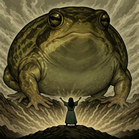 masterpiece, best quality, newest, absurdres, highres, anime, anime style, 1girl, SGV1.0, outstretched arms, 
from behind,
DRFTPFV1.0, frog, desert rain frog, african rain frog, animal, animal Focus, oversized animal, gaint, giant, size difference