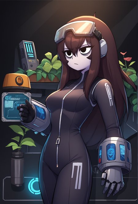 score_9, score_8_up, score_7_up, score_6_up, score_5_up, score_4_up,   <lora:rosemary_cabronpr_ponyXL_v1.3:0.7> rosemary, 1girl,bags under eyes, black eyes, no nose, colored skin, science fiction, spacecraft, holographic interface, black background, plant, machinery, bodysuit, armored boots, armored gloves, goggles on head, zipper,   <lora:fluffkevlar_style_ponyXL_v1:0.7>