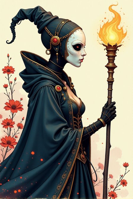 Anna Dittmann style character,digital illustration of a female plague doctor, biomechanical, in a thick line hand-drawn style,watercolor,flowery background, rough, minimalism, side view image,comic art, white plague doctor mask, glowing magical staff finished by Kay Nielsen, opaque paint, mysterious, sexy rococo cleavage, mysteriousâââ