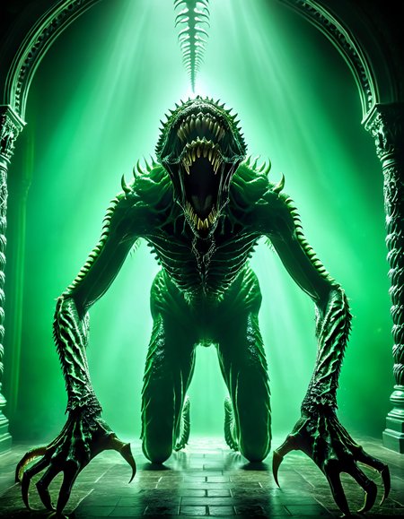 monsterlora, horror (theme), 1monster, teeth, eyes, humanoid, arms, legs, full body, green,cinematiclora,Cinematic Lighting, Dramatic lighting, high contrast, detailed shadows, high-resolution, emotional, harmonious, vignette, highly detailed, high budget, bokeh, cinemascope, moody, epic, gorgeous, film grain, grainy, monsterlora, horror (theme), 1monster, teeth, eyes, humanoid, arms, legs, full body, green, dramatic, sharp focus, intricate, extremely detailed, cinematic, original, directed, highly detail, color spread, excellent composition, dynamic, vibrant colors, exciting atmosphere, creative, positive, glowing, symmetry, perfect, beautiful, stunning, epic