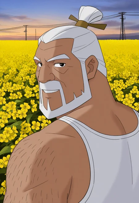 1boy, (close-up:1.5), from behind, looking back, smile, looking at viewer, dawn, power lines,
BREAK
<lora:Wen_Zhong_from_The_Legend_of_Nezha_v1.0:1> retro artstyle,
wenzhong, old man, white hair, black eyes, beard, mustache, soul patch, tan skin, topknot, hair ornament,
thick arm hair, 
BREAK
white tank top, rapeseed blossoms, 
BREAK
very awa, masterpiece, best quality, absurdres, newest, perfect quality, detailed background, intricate details,