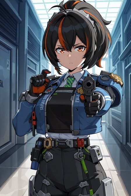 detailed background, shiny skin, posing,
<lora:zenless.il:1>,
zenless,
zhuyuan, 
holding gun, aiming at viewer,
