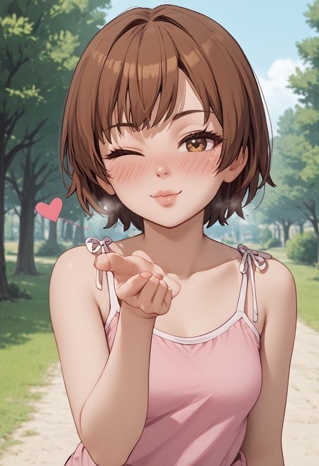 score_4,score_5,score_6,score_7_up,score_8_up,score_9 ((masterpiece,best quality,ultra detailed,highres,HD,4k:1.2)), 
1girl, solo,solo focus,girl focus,face focus,
short hair,brown hair,brown eyes,camisole,
outdoors,
<lora:blowing-kiss-ponyxl-lora-nochekaiser:1>, blowing kiss, pucked lips, heart, one eye closed, o3o, looking at viewer, hand up,Pouting lips,pointing fingertips towards viewer, blush,shy,smile,Half-closed eyes, squinting, staring,jitome,