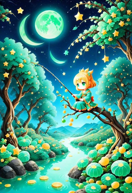 Sinoink, score_9, score_8_up, score_7_up, score_6_up, 1girl, chibi,  sitting on tree branch, holding a fishing rod, made out of jade, fresh, refreshing iridiscent, night sky, candy moon, candy stars, magical orchard , bokeh, midjourneyv6.1