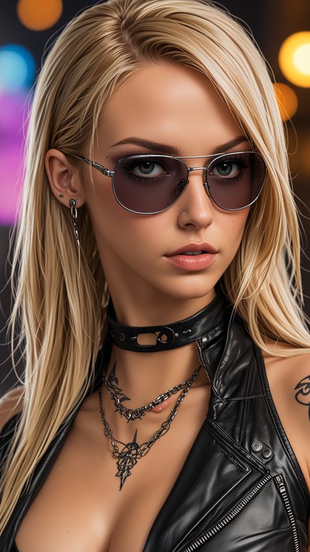 Stunning cyberpunk woman portrait, slim body, tattoos, long Blonde detailed hair, large clevage, leather pain with zipper, cleavage, glamor makeup, nose piercing, ear piercing, eye contact, looking at viewer, masterpiece, best quality, perfect detail , perfect face detail, perfect eye detail, perfect skin detail, depth of field, perfect lighting, <lora:Dices_real_style_cartoon:1>, Ultra Realistic, cartoon, 3D