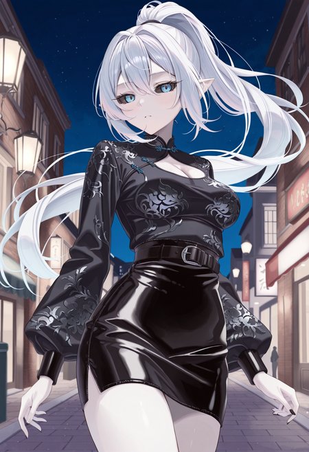 1girl, pale skin, white hair, long bang ponytail, floating hair, pointed ears, blue eyes, black sclera, medium breasts, long eyelashes,
print chinese top, sleeves chinese top, leather skirt,
street, night,
<lora:satoumogumoguIL-style:1>, satoumogumogu,masterpiece,best quality,amazing quality,