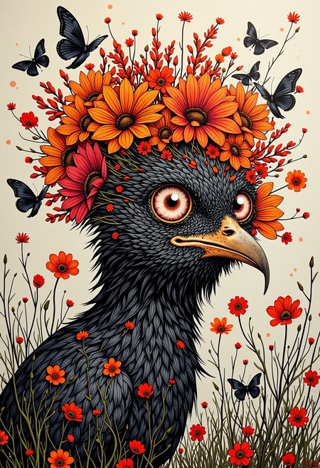 messy art by Carne Griffiths, John Constable and Artgerm, In this captivating portrait, a grotesque with vibrant reds and oranges blends seamlessly into the background. The bird's feathers are a mix of wildflowers and butterflies, while its eyes are filled with strange eyes, ,  naturalistic landscapes,  linocut prints,  minimalist style,  backlit from the morning light,  folk art,  exploration of texture and materiality, participatory, Victorian art,  natural materials, Perspective,  exploring concepts of time and decay,  naturalistic portraits, ambient atmosphere, sublime, beautiful elegant, perfect composition, magical atmosphere, <lora:models\Flux\ck-tarot-000015:0.3> <lora:models\Flux\Facebookq-fotos:0.3> <lora:models\Flux\custom\glitch-people-000003:0.3> <lora:models\Flux\aesthetical-000003:0.3>,