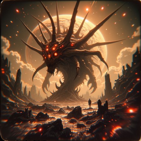 strange and otherworldly scenery on a distant planet, very aesthetic, highly detailed, award-winning pinhole photography, dramatic scene, fractal art, gothic sci-fi style, dynamic angle, this image shows the monstrous mysterious beast known as the "soulless thudsnuffler" as it spolders from the glimbercrested depths of a churning, otherworldly glowing sea under a dramatic tempestuous sky, it is surrounded by the typical jagged fractal crystal formations on the recoddermented shore of the water-rich planet "achooblessyou iv", superstitious life forms call it "the bringer of feather boas", <lora:extremely_detailed-detail_slider-v2-flux-by_ntc:0.92> <lora:style-eldritch_pinhole_photography-flux-by_eldritchadam:0.88>