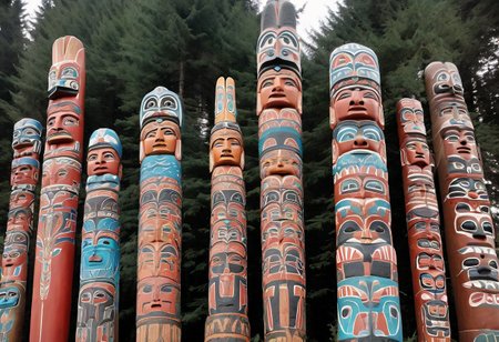 a photograph from the ground, pointing up of  beautifully decorated, intricately carved, beautifully painted, wooden totem poles, native American art, with various totem animals, stands on a beautiful natural background with land, water, sky and nature present, a realistic, breathtaking tall, wooden totem, nature, natural, absurdres, breathtaking, OverallDetailX, pop Tlingit totem pole, Archi Sculpture Photography