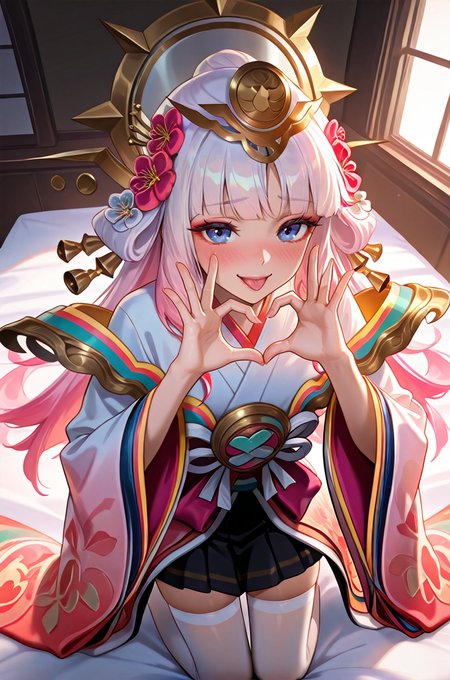 perfect quality,high quality,masterpiece,best quality,amazing quality,very aesthetic,absurdres,Cinematic Lighting,newest,Joyful laughter,cyan background,makeup,portrait, 
 1girl, hair ornament, long hair, japanese clothes, flower, looking at viewer, pink hair, hair flower, blue eyes, white hair, thighhighs, kimono, skirt, wide sleeves, multicolored hair, bangs,  white thighhighs,
,<lora:çèè£è_-å¨å¯é²é²-åéå°_Honor_of_Kings_Nakoruru:0.9>ï¼
kneeling on bed,on bed,full body, full-face blush, shy, cowboy shot, kneeling, 
,long legs, from above, looking at viewer, seductive smile, victory pose, pov,, upper body, (Heart gesture1.3)tongue out, closed on eye,