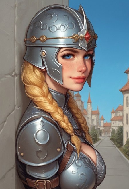 1girl, (((side view))), illustration, looking at viewer, highly detailed, source_comic_illustration, from front, 1girl, illustration, comic style, looking at viewer, highly detailed, source_comic_illustration, skinny, looking at viewer, 1girl, masterpiece, best quality, <lora:Evie_Frye_pxl:1> score_9, score_8_up, score_7_up, score_6_up, score_5_up, score_4_up, source_photo, source_real, 1girl, solo, long hair, breasts, ((gatekeeper clothes)), looking at viewer, blonde_hair, ((((medieval helmet)))), cleavage, closed mouth, blue eyes, guards armor, eyelashes, ((leather armor)), freckles, realistic, nose, (((dynamic pose, dynamic angle)))
BREAK 
sad smile, looking at viewer, 
BREAK 
best quality, depth of field, bokeh, (((full clothed)))  (best quality, high detail), ((masterpiece)), ((((holdind big sword in hands)))), <lora:1_ino_20e:1>
BREAK 
((((blue sky, city)))) score_9, score_8_up, score_7_up, score_6_up, source_cartoon, rating_explicit, Expressiveh, (((((upper body))))), dynamic pose