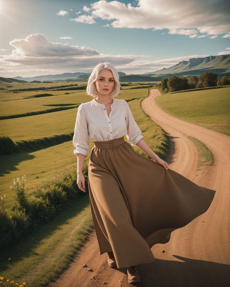 (Aerial view:1.4), (Sn0frid_v1, white hair:1.3),  medium bosom, (style of Dorothea Lange) rugged frontier homestead woman, 1800s Montana, linen blouse, long skirt, apron, practical sturdy boots, earthy tones, natural fibers, rustic charm, sepia-toned aesthetic, arid golden prairie, wooden cabin, wildflowers, cracked soil, farm tools, weathered textures, sun-dappled lighting, determined expression, confident pose, wind-tousled hair, (dramatic clouds:1.2), vast open landscape, vintage authenticity, pioneering spirit ,