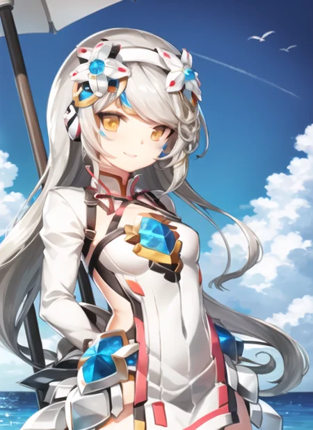 <lora:eve1-000009:1>, electra1, upper body, smile, outdoors, simple background, sky, day,